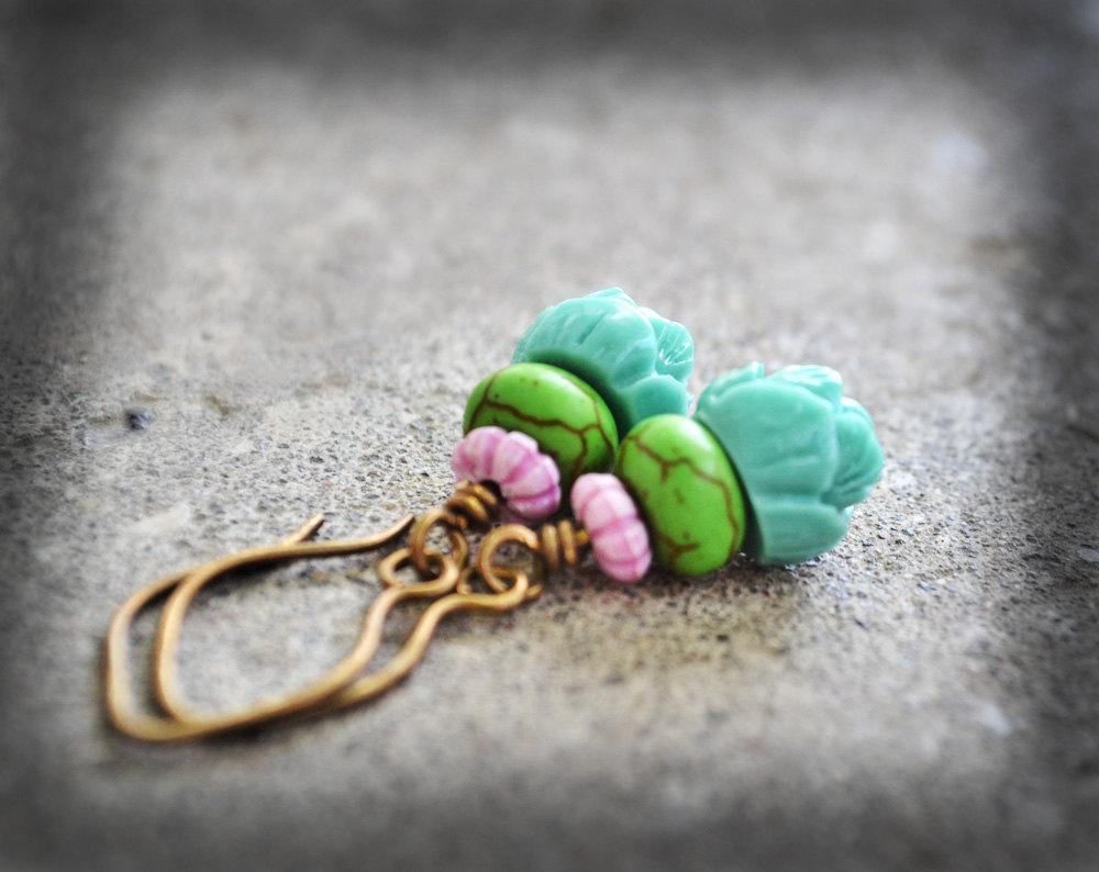 Lotus Flower Earrings Teal Seafoam Green Purple Dyed Turquoise Stone Antiqued Brass Dangle Bohemian Gypsy