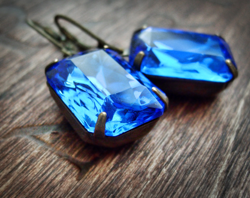 Sapphire Earrings Blue Earrings Vintage Glass Rhinestone Earrings Mad Men Fashion Statement Earrings Aged Brass September Birthstone